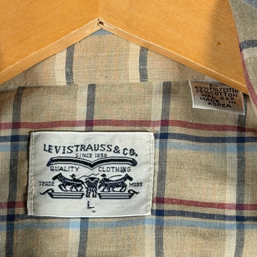 Levis Mens Vintage Western Pearl Snap Shirt Tan Plaid Long Sleeve Large WPL 423